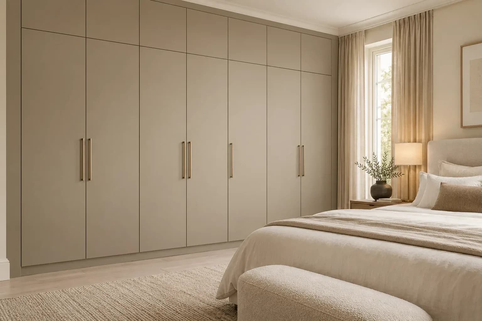 Bedroom with warm greige laminate wardrobes, brushed-metal handles, a cream upholstered bed and layered neutral bedding.