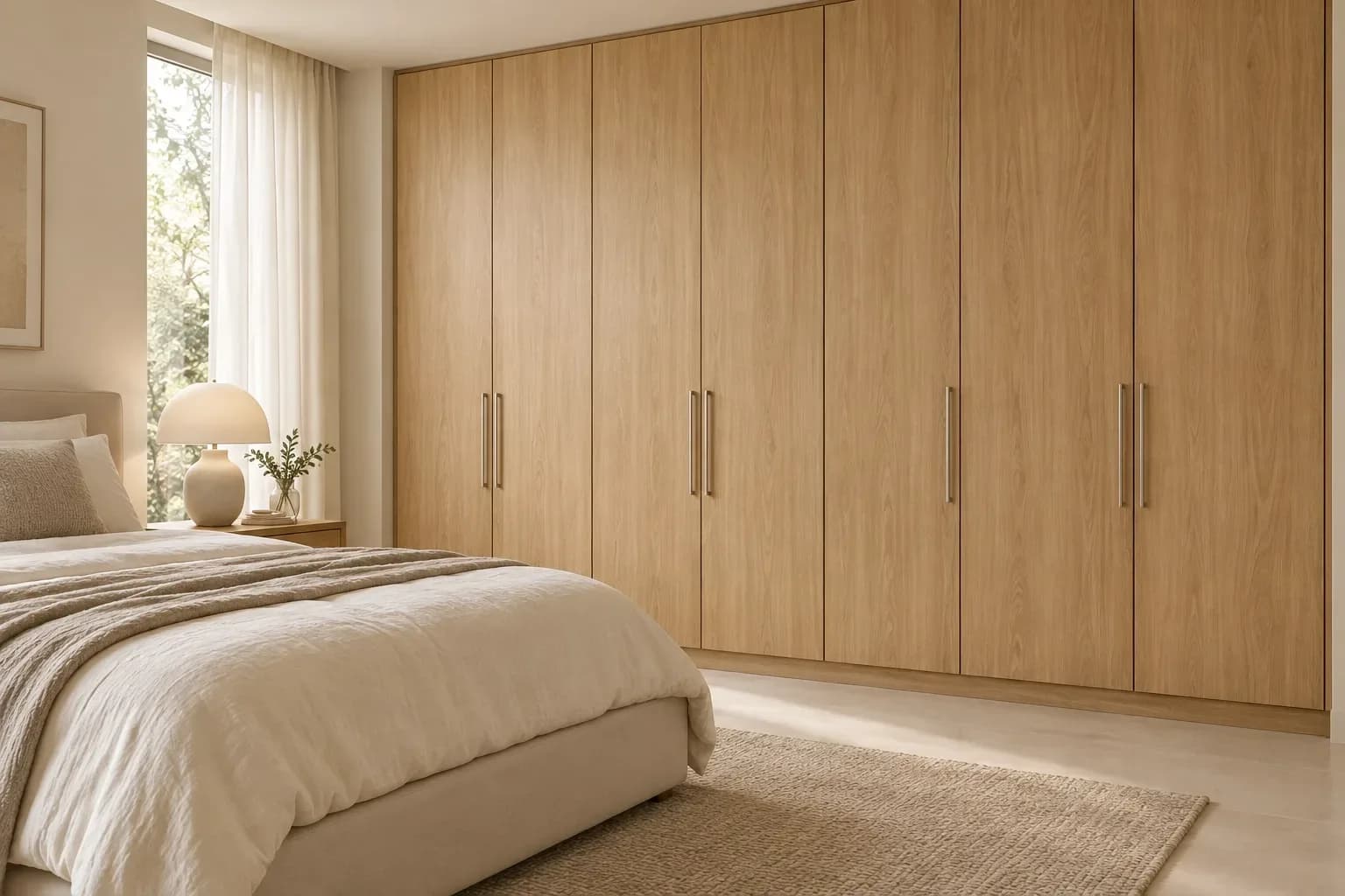 Bedroom with light oak-look laminate wardrobes, off-white walls, linen bedding and a curved ceramic bedside lamp.