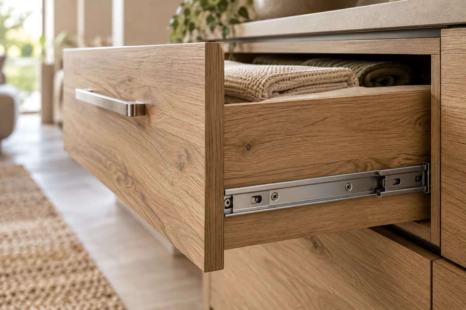 Open laminate cabinet drawer showing its runners, handle and finished edges.