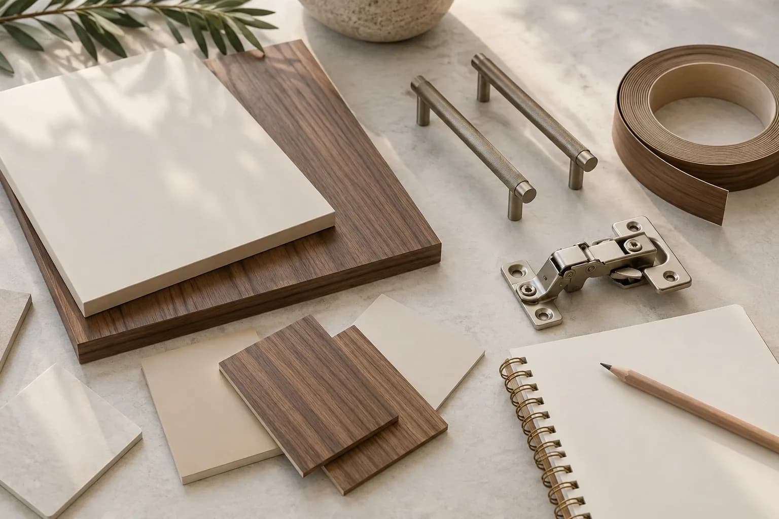 Laminate swatches, cabinet handles and a hinge arranged beside a blank planning notebook.