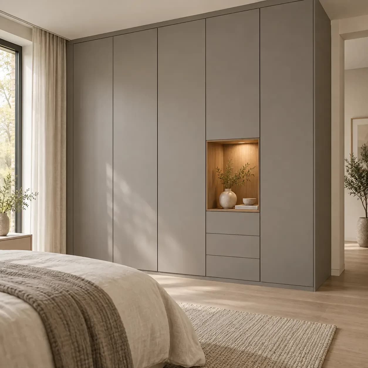 Warm-grey wardrobe fronts surrounding a softly lit wood-look display niche.