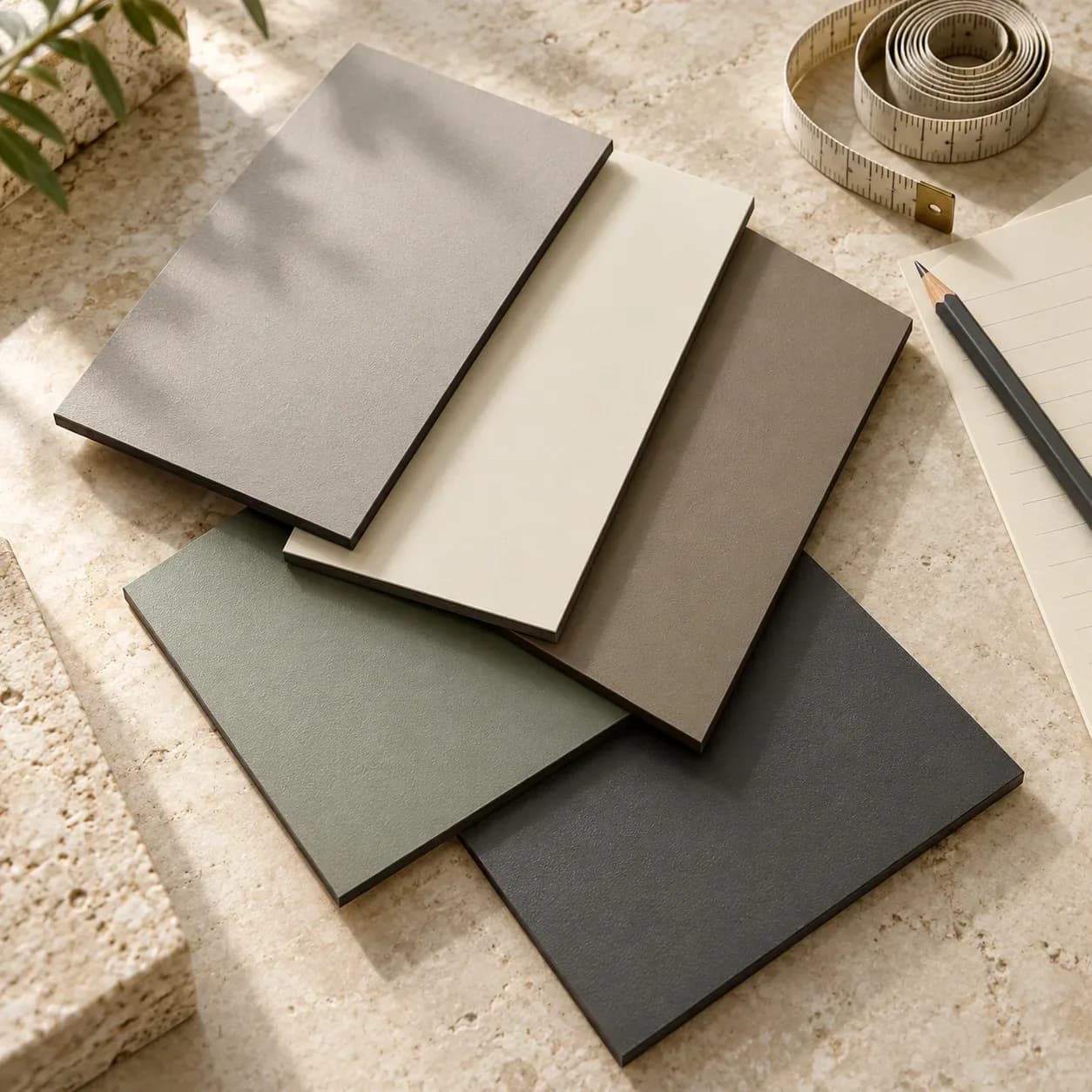Neutral and sage laminate samples beside a measuring tape, pencil and planning sheet.