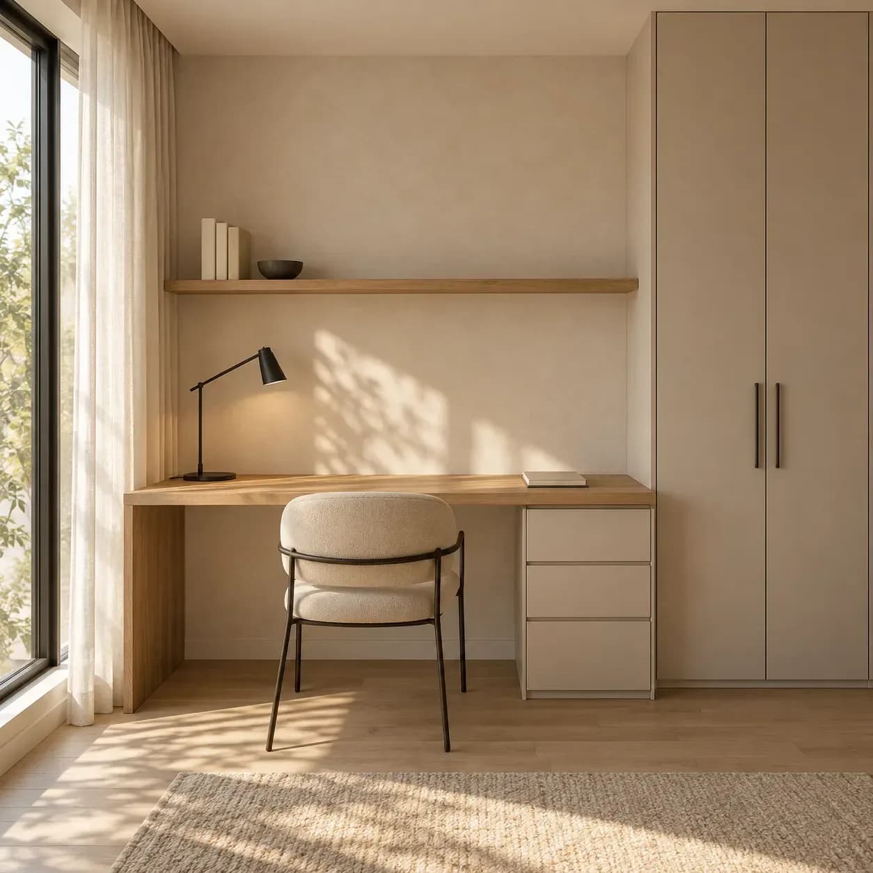 Study concept with an oak-look desk, beige storage, a cream chair and one floating shelf.