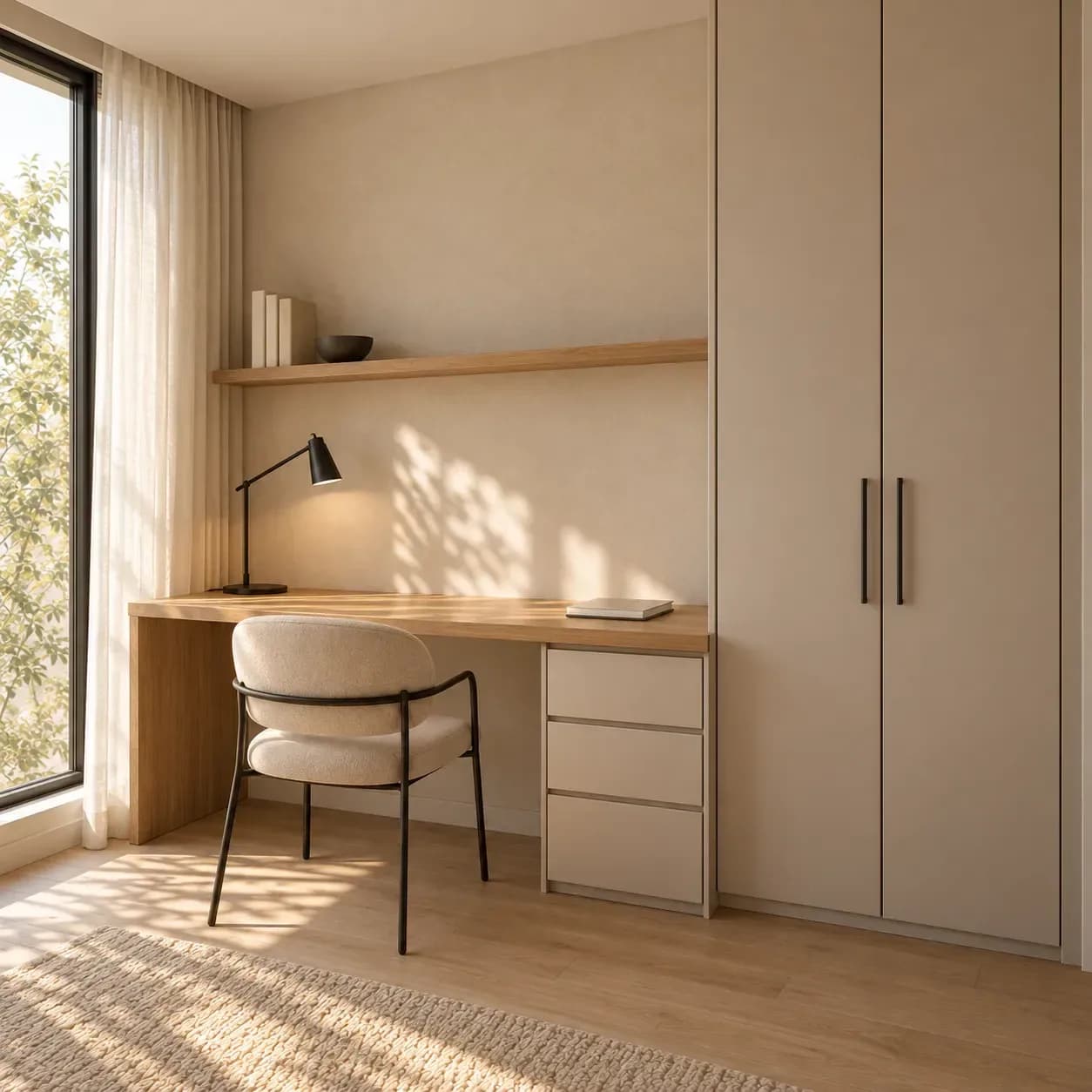 Beige closed storage and three drawers beside the oak-look desk in the study concept