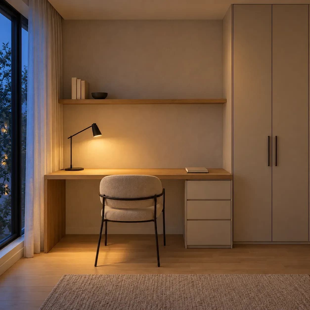 The same oak-look study desk and beige storage illuminated by a task lamp at dusk