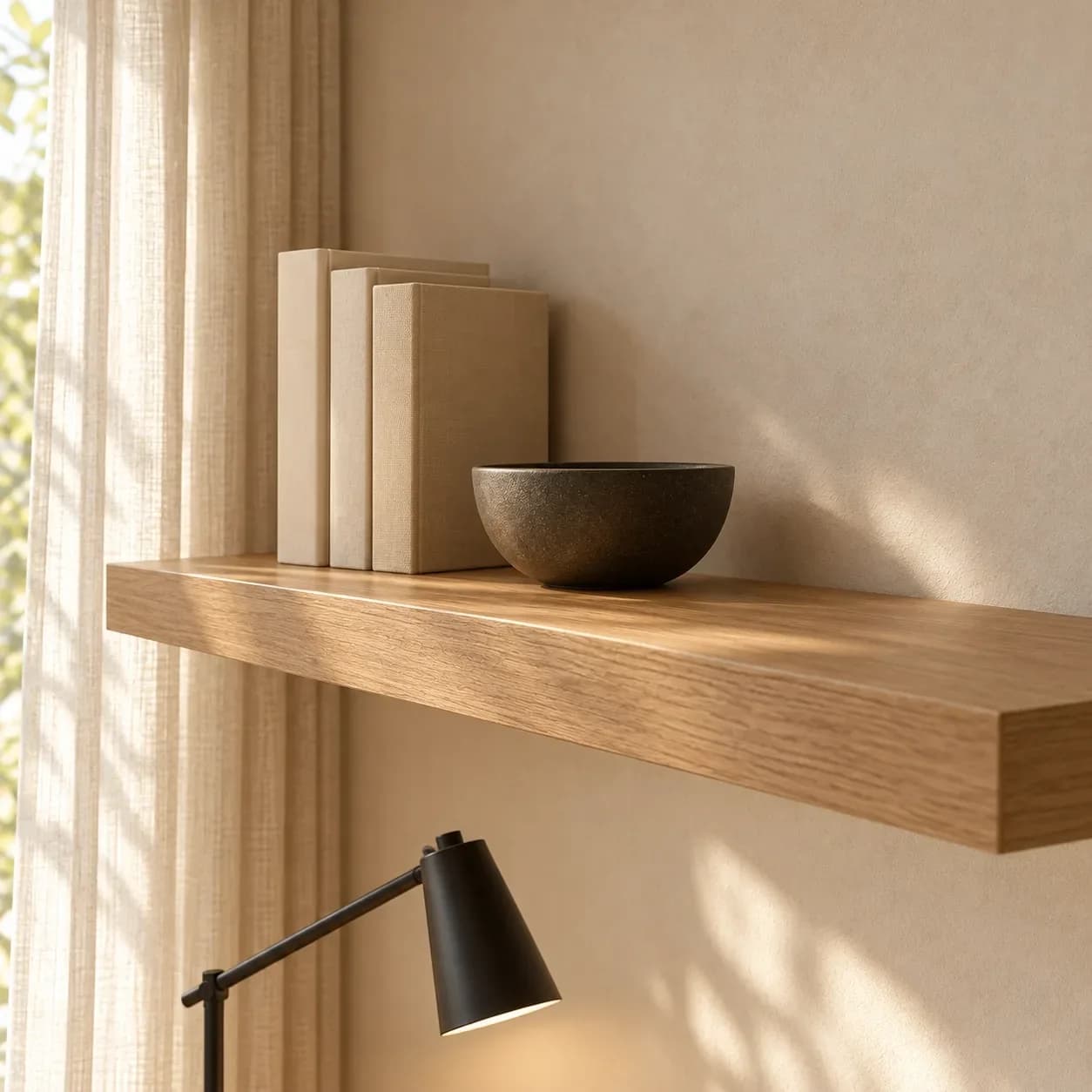 Three cream books and a dark ceramic bowl on an oak-look floating shelf beside a linen curtain.