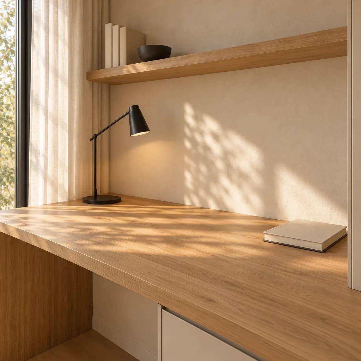 Oak-look study desktop with a black task lamp and cream notebook, lit by daylight from a side window.